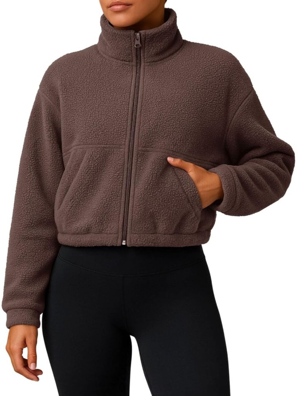 Women's Coffee 100% Polyester Cropped Stand Collar Full-Zip Fuzzy Fleece Jacket